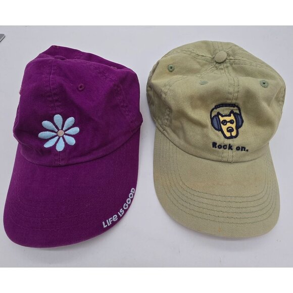 Life Is Good Embroidered Baseball Caps Set Of 2 "Rock On" & Daisy Adjustable - Picture 1 of 13